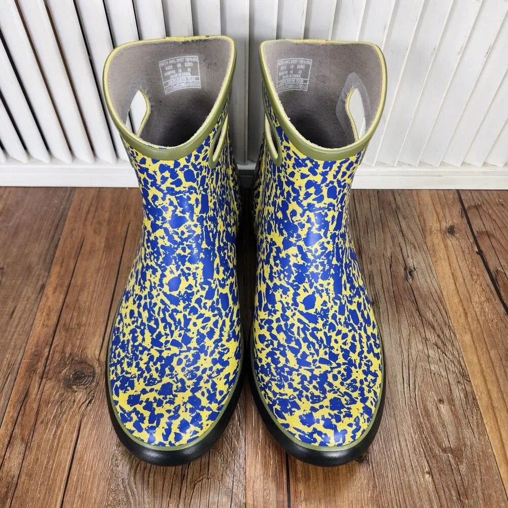 Bogs Patch Rain Boots Womens Sz 10 Blue Yellow Spot Splatter Rubber Ankle Garden